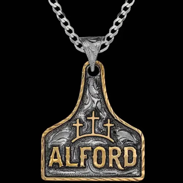 Introducing the Angel Cow Tag Necklace, a divine pendant with hand engraved and antiqued silver base, adorned with Jeweler's Bronze lettering and your custom ranch brand. Order now!